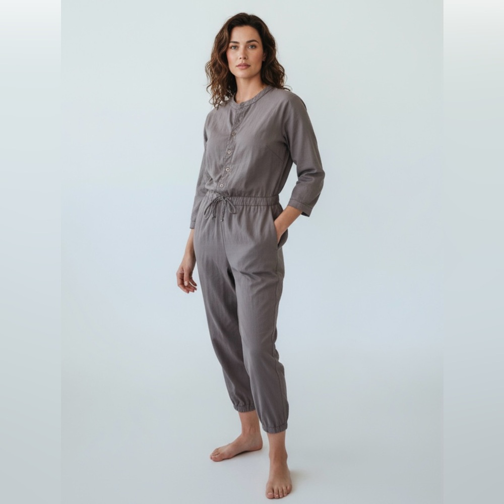 STATESIDE Poplin Henley Taupe Drawstring Waist Pocketed Front Button Jumpsuit